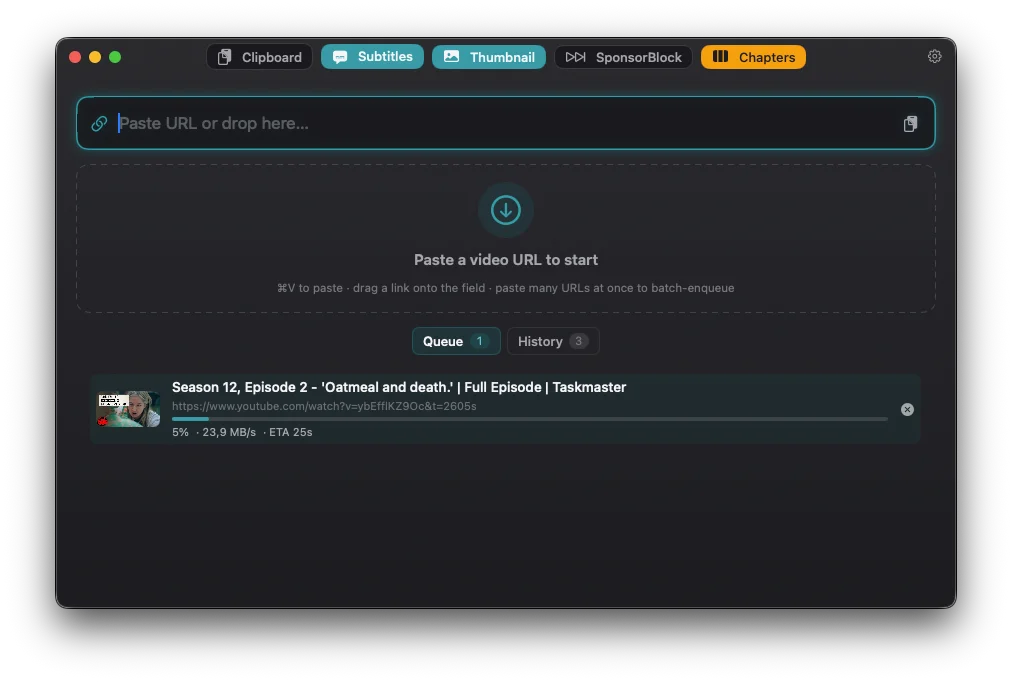 A download in progress — the video title and thumbnail with a live progress bar (5% · 23.9 MB/s · ETA 25s) and Subtitles, Thumbnail and Chapters switched on