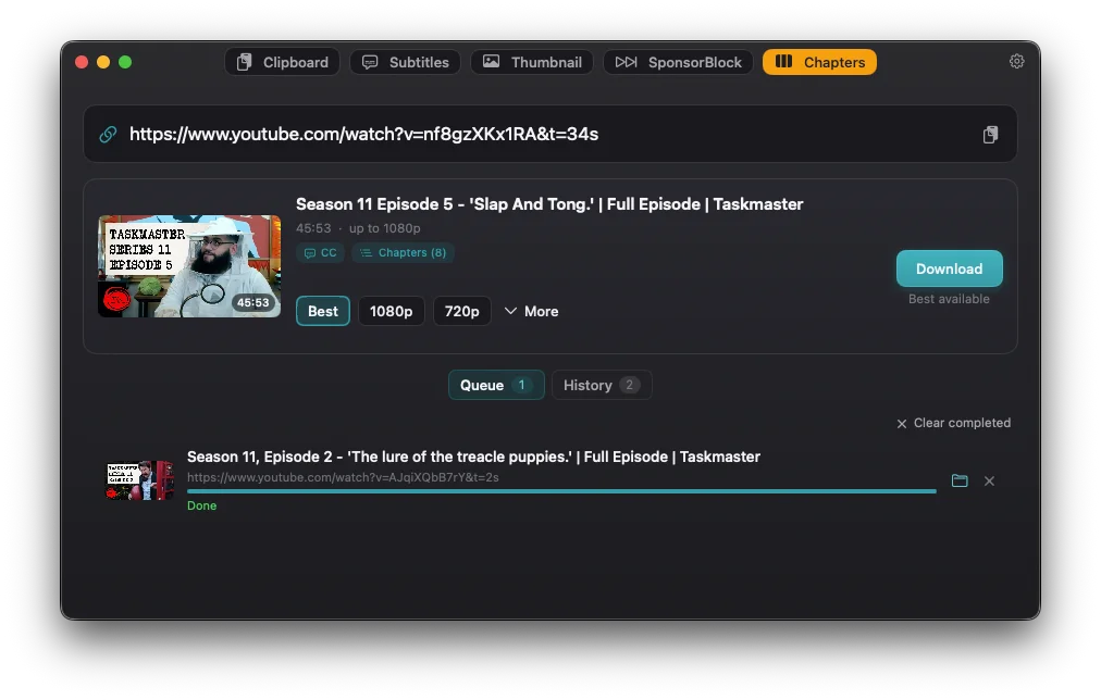 Magpie with a video loaded — title, thumbnail and quality picker, the Chapters toggle switched on, and a finished download in the queue below