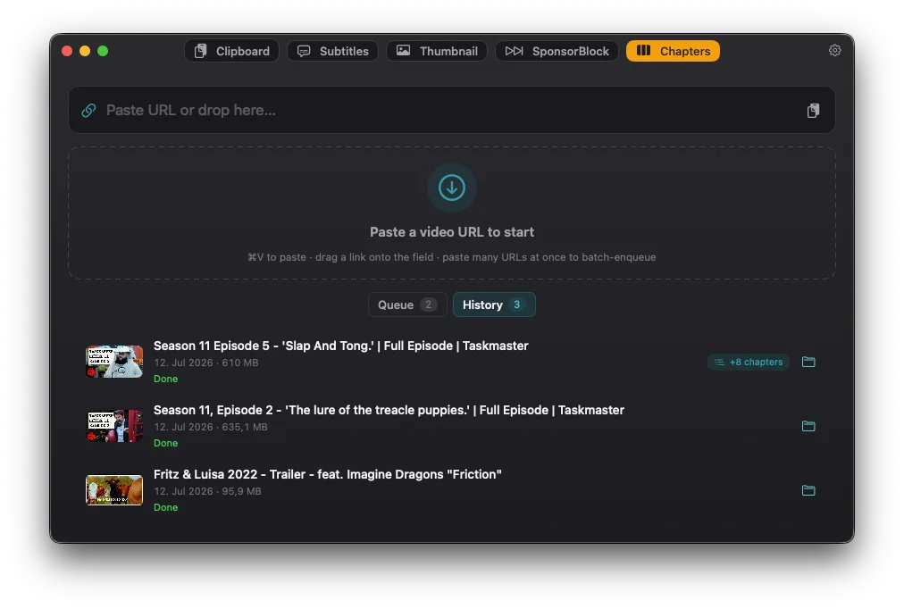 The History tab listing finished downloads — each marked Done with its size and date, one flagged with a +8 chapters badge and a reveal-in-Finder button